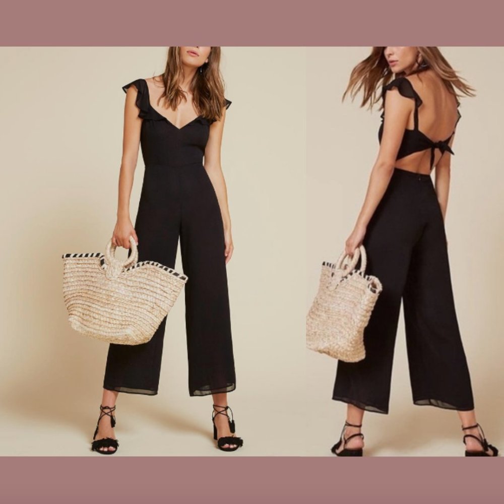 NWT $248‎ Reformation [ 4 ] Miri Jumpsuit W/ Ruffle Sleeve in Black #Q392